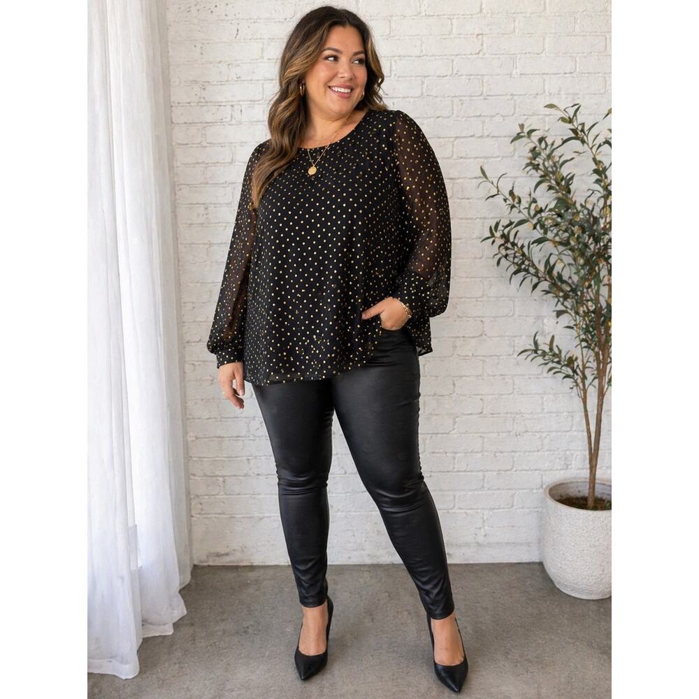 J. Crew Black Gold Polka Dot Sheer Blouse Top 3X Plus Size Long Sleeve Dressy